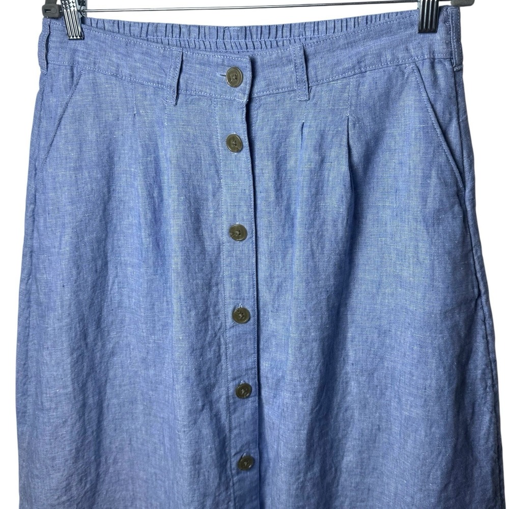 Lands' End Blue 100% Linen Button Front‎ Midi A-Line Skirt Coastal Prairie 12 - Picture 3 of 10